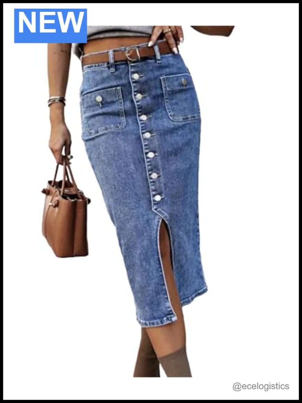 Women's High Waist Denim Midi Skirt Bodycon Button Front Slit with Pockets